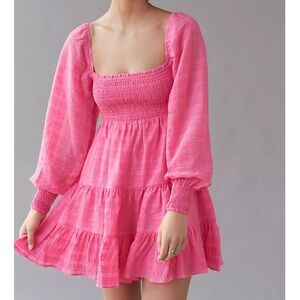 Urban Outfitters Hot Pink River Smock Long Sleeve Mini Dress Small
